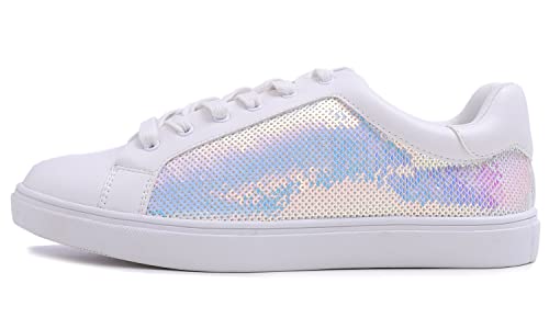 Feversole Women's Fashion Sparkle Sequin Lace Up,Damen Sneaker Atmungsaktiv Turnschuhe Leicht Laufschuhe Sportschuhe Freizeitschuhe Paillette weiß 38 EU von Feversole