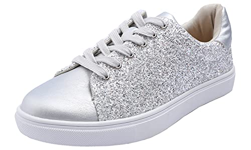 Feversole Women's Featured Glitter Lace-Up Sneaker,Kleid Turnschuhe Party Bling Casual Flats Verzierte Schuhe, Hellgoldene Glitzer-Schnürschuhe von Feversole