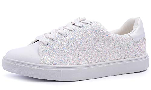 Feversole Women's Featured Glitter Lace-Up Sneaker,Kleid Turnschuhe Party Bling Casual Flats Verzierte Schuhe, Hellgoldene Glitzer-Schnürschuhe von Feversole