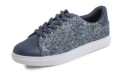 Feversole Women's Featured Glitter Lace-Up Sneaker,Kleid Turnschuhe Party Bling Casual Flats Verzierte Schuhe, Blu Notte Glitzer-Schnürschuhe von Feversole
