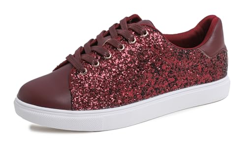 Feversole Women's Featured Glitter Lace-Up Sneaker,Kleid Turnschuhe Party Bling Casual Flats Verzierte Schuhe, Burgunderrot Glitzer-Schnürschuhe von Feversole