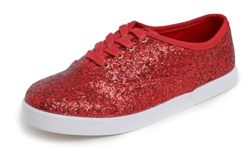 Feversole Women's Featured Glitter Lace-Up Sneaker,Kleid Turnschuhe Party Bling Casual Flats Verzierte Schuhe, Hellgoldene Glitzer-Schnürschuhe von Feversole