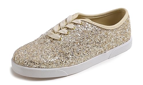 Feversole Women's Featured Glitter Lace-Up Sneaker,Kleid Turnschuhe Party Bling Casual Flats Verzierte Schuhe, Hellgoldene Glitzer-Schnürschuhe von Feversole