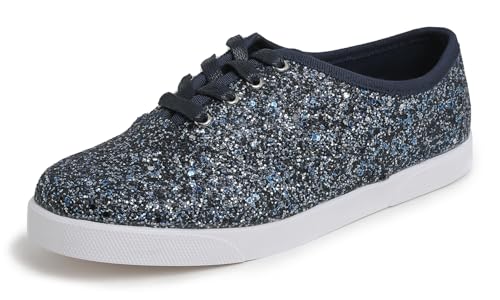 Feversole Women's Featured Glitter Lace-Up Sneaker,Kleid Turnschuhe Party Bling Casual Flats Verzierte Schuhe, Hellgoldene Glitzer-Schnürschuhe von Feversole