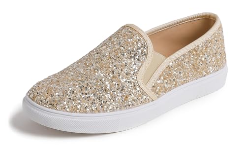 Feversole Women's Featured Glitter Slip On,Sdamen Schuhe Slip On Sneakers Freizeit Atmungsaktive Fitness Turnschuhe Plattform Air Leichte Outdoor Walking Schuhe Helles Gold glänzend 40 EU von Feversole