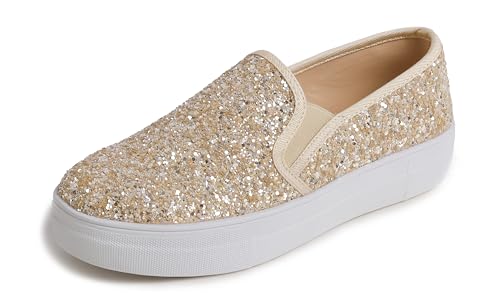 Feversole Women's Featured Glitter Slip On,Sdamen Schuhe Slip On Sneakers Freizeit Atmungsaktive Fitness Turnschuhe Plattform Air Leichte Outdoor Walking Schuhe Helles Gold glänzend 40 EU von Feversole