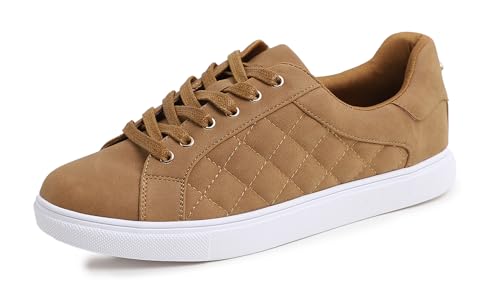 Feversole Women's Featured PU Leather Lace-Up Sneaker,Damen Sneaker Atmungsaktiv Turnschuhe Leicht Laufschuhe Sportschuhe Freizeitschuhe Klassisch Camel Nubuck Gestepptes Veganes Leder EU38 von Feversole