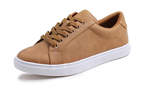 Feversole Women's Featured PU Leather Lace-Up Sneaker,Damen Sneaker Atmungsaktiv Turnschuhe Leicht Laufschuhe Sportschuhe Freizeitschuhe Klassisch Schnürung mit Ösen Bronze EU37 von Feversole