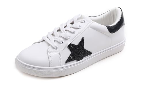 Feversole Women's Featured PU Leather Lace-Up Sneaker,Damen Sneaker Atmungsaktiv Turnschuhe Leicht Laufschuhe Sportschuhe Freizeitschuhe Klassisch Schwarzener Stern EU39.5 von Feversole