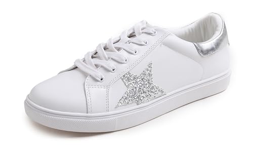 Feversole Women's Featured PU Leather Lace-Up Sneaker,Damen Sneaker Atmungsaktiv Turnschuhe Leicht Laufschuhe Sportschuhe Freizeitschuhe Klassisch Silbernerener Stern EU38 von Feversole