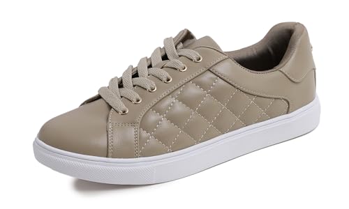 Feversole Women's Featured PU Leather Lace-Up Sneaker,Damen Sneaker Atmungsaktiv Turnschuhe Leicht Laufschuhe Sportschuhe Freizeitschuhe Klassisch Taupe Gestepptes Veganes Leder EU40 von Feversole
