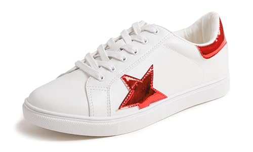 Feversole Women's Featured PU Leather Lace-Up Sneaker,Damen Sneaker Atmungsaktiv Turnschuhe Leicht Laufschuhe Sportschuhe Freizeitschuhe Klassisch Weiß Rot Spiegel Stern EU 36 von Feversole