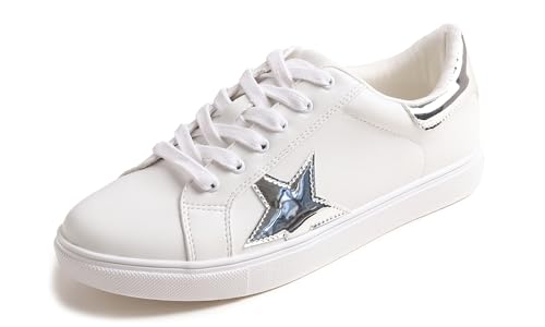Feversole Women's Featured PU Leather Lace-Up Sneaker,Damen Sneaker Atmungsaktiv Turnschuhe Leicht Laufschuhe Sportschuhe Freizeitschuhe Klassisch Weiß Silber Spiegel Stern EU 41 von Feversole