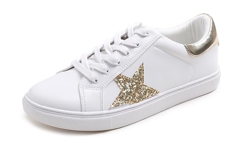 Feversole Women's Featured PU Leather Lace-Up Sneaker,Damen Sneaker Atmungsaktiv Turnschuhe Leicht Laufschuhe Sportschuhe Freizeitschuhe Klassisch Weißer Glitzer Gold Stern EU38 von Feversole