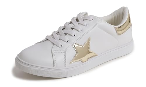 Feversole Women's Featured PU Leather Lace-Up Sneaker,Damen Sneaker Atmungsaktiv Turnschuhe Leicht Laufschuhe Sportschuhe Freizeitschuhe Klassisch Weißgold-Spiegelstern EU 38.5 von Feversole
