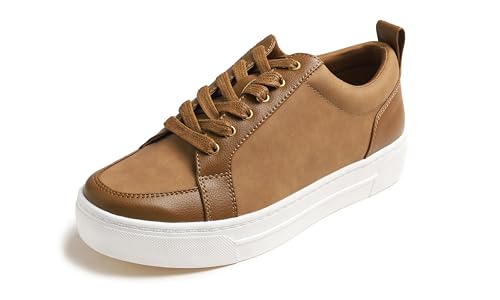 Feversole Women's Featured PU Leather Lace-Up Sneaker,Damen Sneaker Atmungsaktiv Turnschuhe Leicht Laufschuhe Sportschuhe Kamelbraun Veganes Leder 37 von Feversole