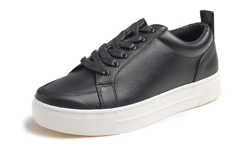 Feversole Women's Featured PU Leather Lace-Up Sneaker,Damen Sneaker Atmungsaktiv Turnschuhe Leicht Laufschuhe Sportschuhe Schwarzes Veganes Leder 39 von Feversole