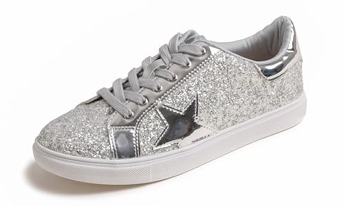 Feversole Women's Featured PU Star Lace Up Sneaker,Damen Sneaker Atmungsaktiv Turnschuhe Leicht Laufschuhe Sportschuhe Freizeitschuhe EIS Silber Stern EU 39 von Feversole