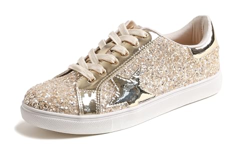 Feversole Women's Featured PU Star Lace Up Sneaker,Damen Sneaker Atmungsaktiv Turnschuhe Leicht Laufschuhe Sportschuhe Freizeitschuhe Helles Gold Stern EU 37.5 von Feversole