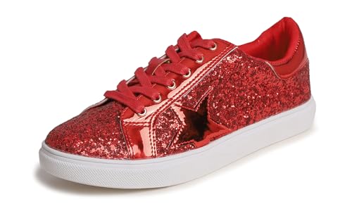 Feversole Women's Featured PU Star Lace Up Sneaker,Damen Sneaker Atmungsaktiv Turnschuhe Leicht Laufschuhe Sportschuhe Freizeitschuhe Rot Stern EU 42 von Feversole