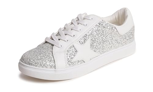 Feversole Women's Featured PU Star Lace Up Sneaker,Damen Sneaker Atmungsaktiv Turnschuhe Leicht Laufschuhe Sportschuhe Freizeitschuhe Weiß EIS Silber Stern EU 39 von Feversole