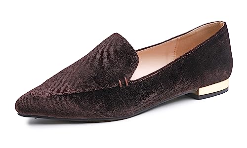 Feversole Women's Loafer Flat Pointed Deco Low Heel Mode, Spitze Flache Schuhe，Klassische Ballerinas Profilsohle Bronze Samt Spitze 39 EU von Feversole