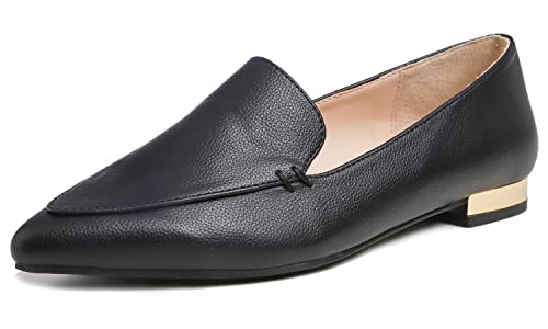 Feversole Women's Loafer Flat Pointed Deco Low Heel Mode, Spitze Flache Schuhe，Klassische Ballerinas Profilsohle Schwarz Getreide 37 EU von Feversole