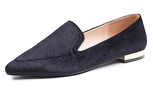 Feversole Women's Loafer Flat Pointed Deco Low Heel Mode, Spitze Flache Schuhe，Klassische Ballerinas Profilsohle Schwarz Samt 39 EU von Feversole