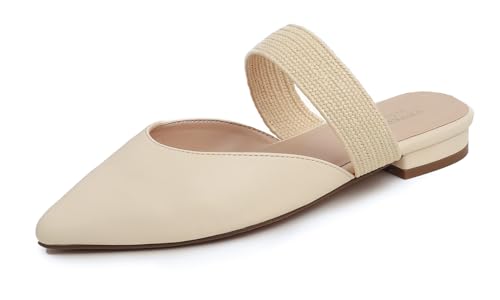 Feversole Women's Pointed Toe Fashion Mules Low Heel Erstklassige Damen Ballerina mit Ausgeh-Schuhe Sommer-Schuhe Aus weiß Raffic-Riemen aus Veganleder 40 EU von Feversole