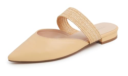 Feversole Women's Pointed Toe Fashion Mules Low Heel Erstklassige Damen Ballerina mit Ausgeh-Schuhe Sommer-Schuhe Beige Raffic-Riemen aus Veganleder 39 EU von Feversole