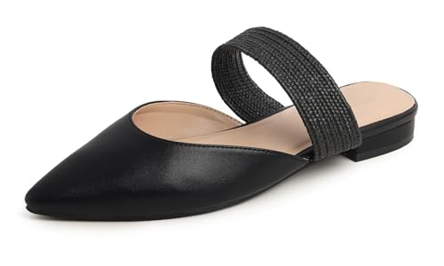 Feversole Women's Pointed Toe Fashion Mules Low Heel Erstklassige Damen Ballerina mit Ausgeh-Schuhe Sommer-Schuhe Schwarz Raffic-Riemen aus Veganleder 41 EU von Feversole