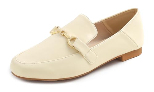 Feversole Women's Soft Comfy Trim Loafer Flat,Klassisch Mokassin Penny Loafer Damen Slipper Anzugschuhe Schuhe Beige Goldene Veganlederschnalle 37 EU von Feversole