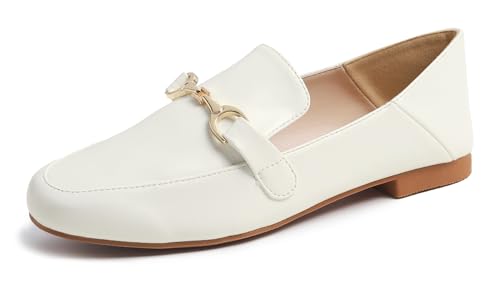 Feversole Women's Soft Comfy Trim Loafer Flat,Klassisch Mokassin Penny Loafer Damen Slipper Anzugschuhe Schuhe Goldene Schnalle aus weißem Veganleder 37.5 EU von Feversole
