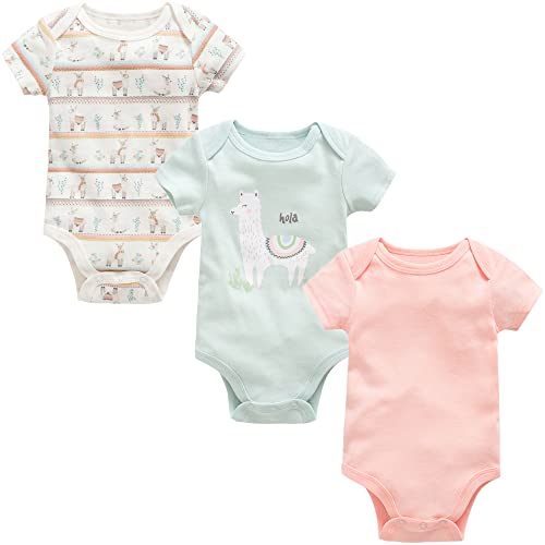 Fewlby Baby Mädchen 3er-Pack Kurzarm Bodys, Baumwolle Spieler Alpaka Strampler Set Sommer Baby-Body, 0-3 Monate von Fewlby