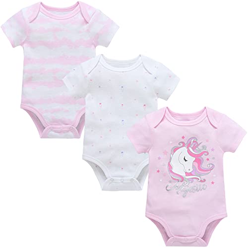 Fewlby Baby Mädchen 3er-Pack Kurzarm Bodys, Baumwolle Spieler Einhorn Strampler Set Sommer Baby-Body, 6-9 Monate von Fewlby