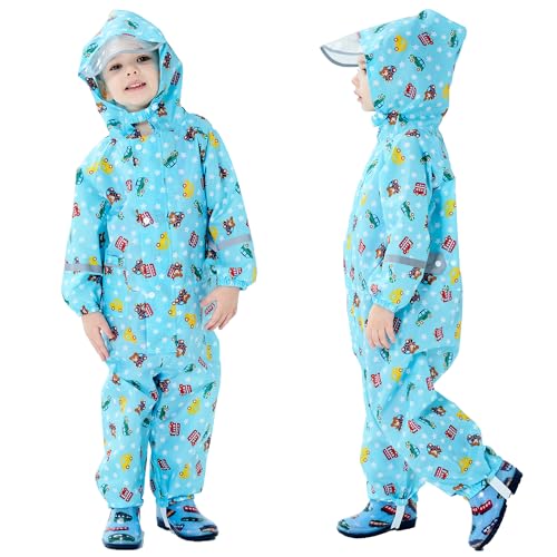 Fewlby Kinder Regenanzug, Regenoverall Jungen Mädchen Regenponcho mit Kapuze Regenmantel Wasserdicht Kinder Regenjacken Wiederverwendbar Outdoor Regenkleidung, 8-10 Jahre Größe XXL von Fewlby