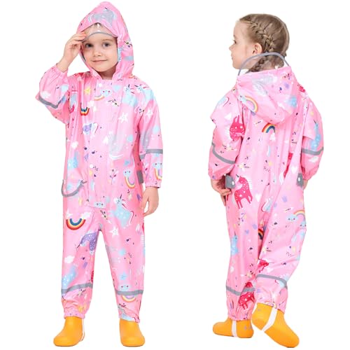 Fewlby Kinder Regenanzug - Regenoverall Jungen Mädchen Regenponcho mit Kapuze Regenjacken Kinder Wasserdicht Regenmantel Wiederverwendbar Outdoor Regenkleidung, 8-10 Jahre Größe XXL von Fewlby
