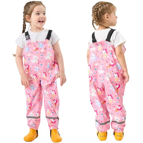 Fewlby Matschhose Kinder Wasserdichte Hosen, Regenhosen Mädchen Jungen Wind- und wasserdichte Regenoverall mit Fußschlaufen Wiederverwendbar Cartoon Outdoor Regenlatzhose, 3-4 Jahre von Fewlby
