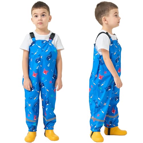 Fewlby Matschhose Kinder Wasserdichte Hosen, Regenhosen Mädchen Jungen Wind- und wasserdichte Regenoverall mit Fußschlaufen Wiederverwendbar Cartoon Outdoor Regenlatzhose, 4-5 Jahre von Fewlby