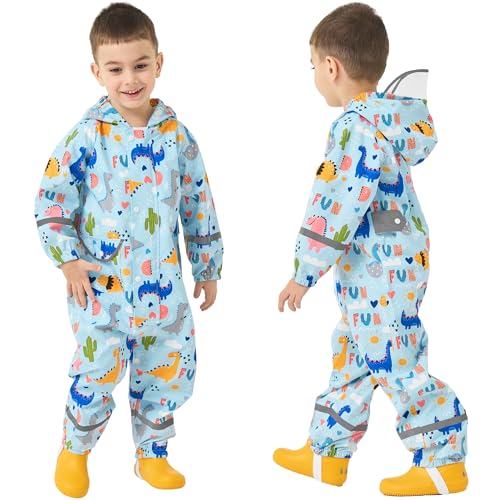 Fewlby Regenanzug Kinder, Regenjacke Mädchen Jungen Matschanzug Wasserdicht Regenoverall Einteilig Regenmantel mit Kapuze Matschhose Wiederverwendbar Outdoor Regenkleidung, 2-5 Jahre von Fewlby