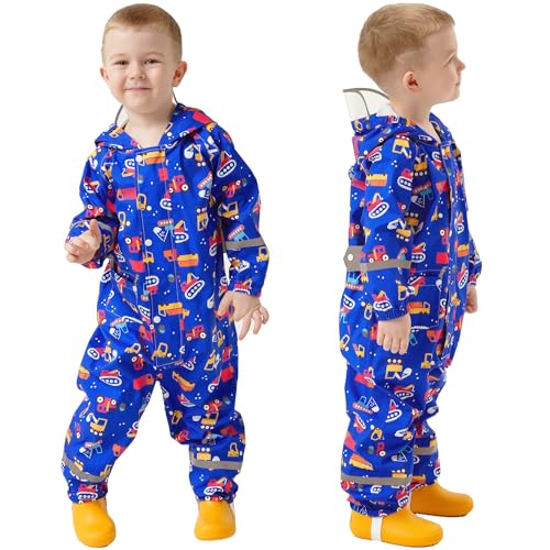 Fewlby Regenanzug Kinder, Regenjacke Mädchen Jungen Matschanzug Wasserdicht Regenoverall Einteilig Regenmantel mit Kapuze Matschhose Wiederverwendbar Outdoor Regenkleidung, 2-5 Jahre von Fewlby