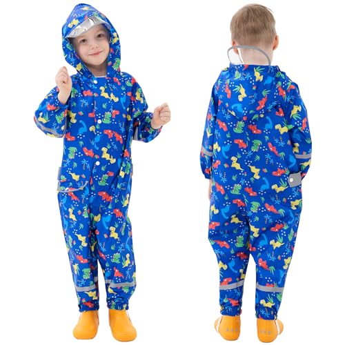 Fewlby Regenanzug Kinder - Regenoverall Jungen Mädchen Regenponcho mit Kapuze Regenjacken Kinder Wasserdicht Regenmantel Wiederverwendbar Outdoor Regenkleidung, 5-7 Jahre Größe L von Fewlby