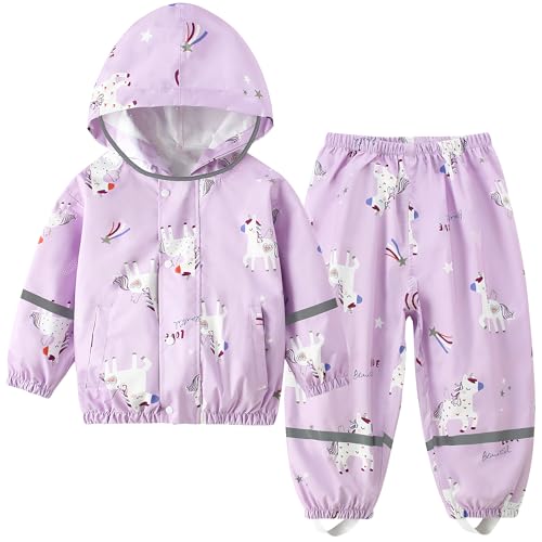 Fewlby Regenanzug Kinder Zweiteiliger Matschanzug - Regenjacke und Regenhose Mädchen Regen-Anzug 2PCS Set, Matschhose Regenmäntel Wind- und wasserdichte Regenbekleidung,5-6 Jahre von Fewlby