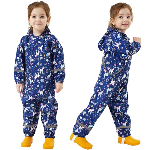 Fewlby Regenanzug Mädchen Matschanzug, Regenjacke Kinder Wasserdicht Regen Overall Einteilig Regenmantel mit Kapuze Matschhose Mädchen Wiederverwendbar Outdoor Regenkleidung, 7-9 Jahre von Fewlby