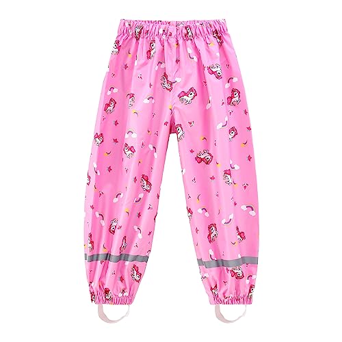 Fewlby Regenhose Kinder Matschhose Mädchen wasserdichte Hosen Jungen Wind- und wasserdichte Regenhosen mit Fußschlaufen Wiederverwendbar Outdoor Regenbekleidung, 5-6 Jahre von Fewlby