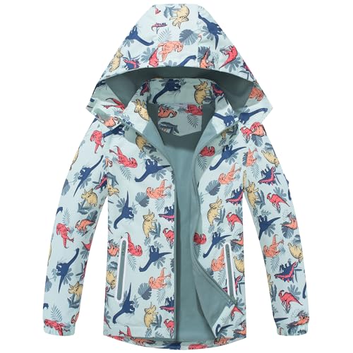Fewlby Regenjacke Jungen, Outdoor Wasserdichte Jacke mit Kapuze Softshelljacke Kinder Fleecefütterung Übergangsjacke Cartoon Dinosaurier Windjacke Wasserdichter Regenmantel, 9-10 Jahre von Fewlby