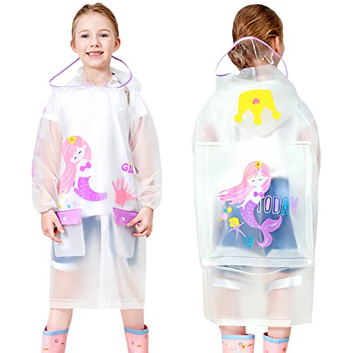 Fewlby Regenponcho Kinder Regencape, Regenmäntel Jungen Mädchen wasserdichte Regenjacke mit Rucksackabdeckung Kapuzen Regenbekleidung Mit tragbarer Tasche, XL 6-8 Jahre von Fewlby