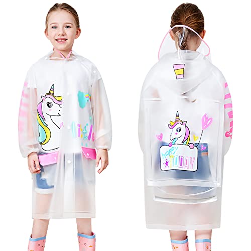 Fewlby Regenponcho Kinder Regencape, Regenmäntel Jungen Mädchen wasserdichte Regenjacke mit Rucksackabdeckung Kapuzen Regenbekleidung Mit tragbarer Tasche, XL 6-8 Jahre von Fewlby