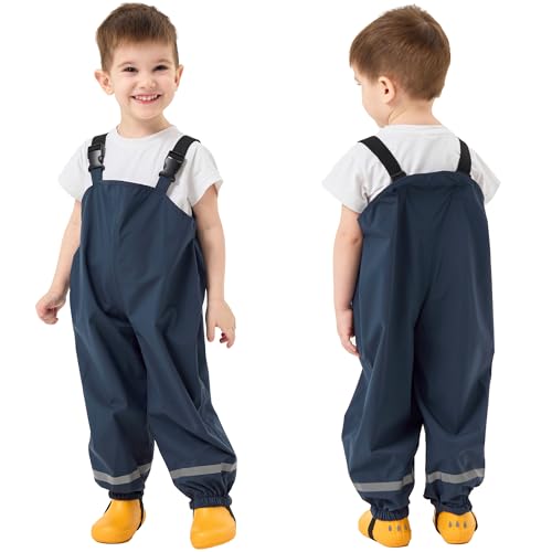 Fewlby Wasserdichte Hosen Kinder Regenhosen Mädchen Jungen Matschhose Regenlatzhose Wind- und wasserdichte Regenträgerhose Outdoor Regenbekleidung mit Reflektorstreifen, 3-4 Jahre von Fewlby