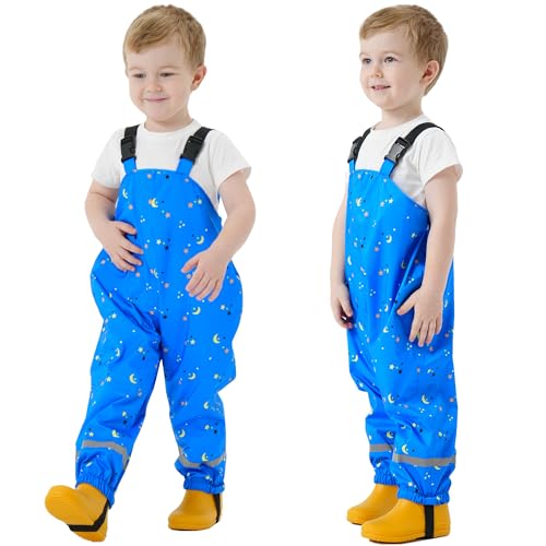 Fewlby Wasserdichte Hosen Kinder Matschhose, Mädchen Regenhosen Jungen Regenlatzhose Wind- und wasserdichte Regenträgerhose mit Fußschlaufen Wiederverwendbar Outdoor Regenbekleidung, 3-4 Jahre von Fewlby